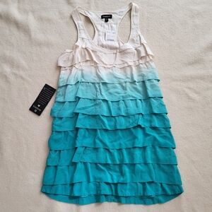 NWT Bebe Silk Sleevless Dress Turquoise Ombre Ruffle Women's Size Small
